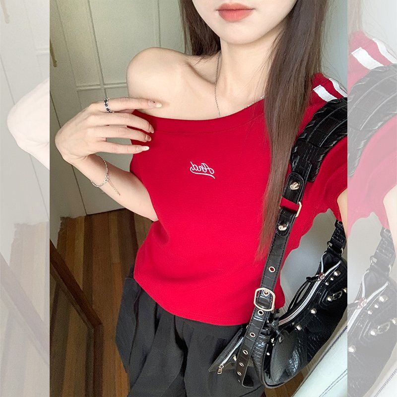 봄 여름 여성 슬림핏 사선넥 오프숄더 두줄라인 레터링 자수 면스판 반팔 티셔츠 - 상세 이미지 2