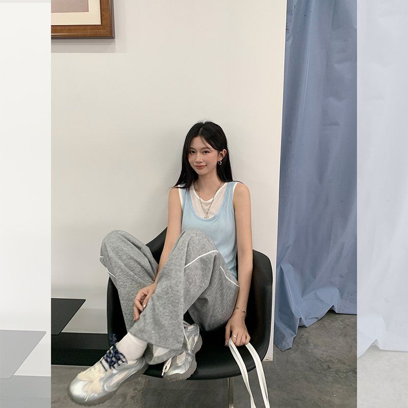 봄 여름 여성 루즈핏 U넥 페이크레이어드 민소매 나시 티셔츠 텐셀 혼방 데일리룩 캐주얼룩 - 상세 이미지 2