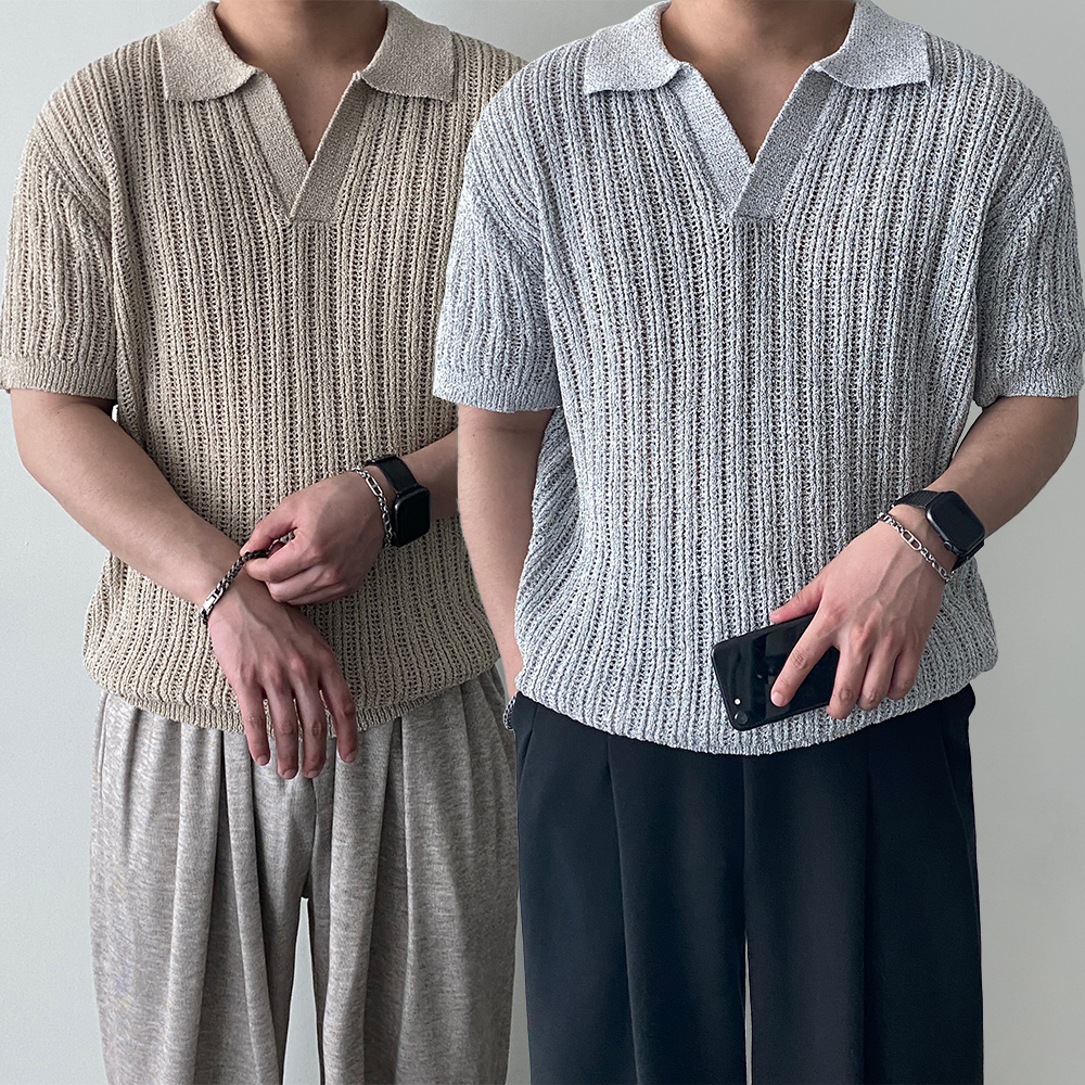 남자여름니트 오픈카라 남자반팔니트 - 상품 이미지