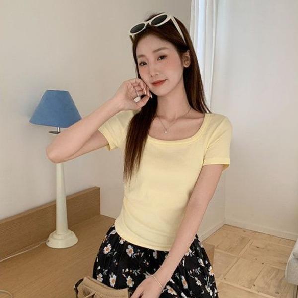 봄 여름 슬림핏 셔링 반팔 티셔츠 스퀘어넥 데일리룩 코리안 스타일 면스판 티셔츠 - 상품 이미지
