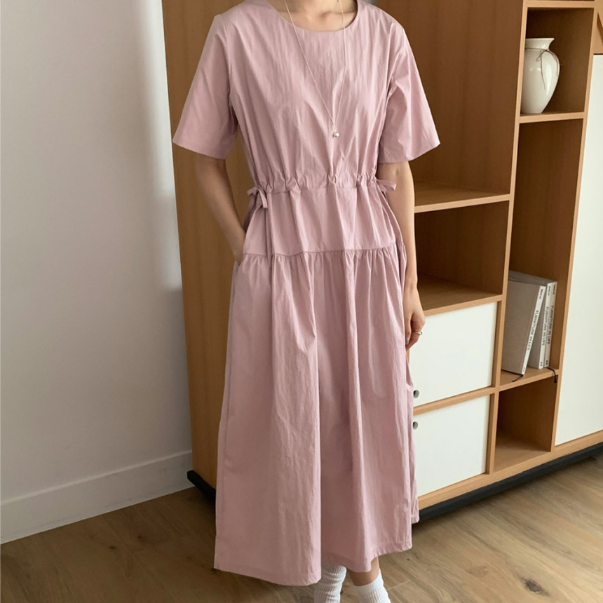 바스락 원피스 오버핏 리본 허리 스트링 여름 롱원피스 휴양지 핑크 블랙 베이지