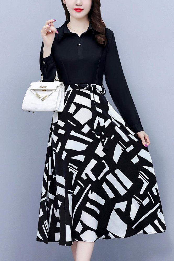 블랙 화이트 배색 셔츠카라 긴팔 프린트 미디 A라인원피스 슬림핏 빅사이즈 봄가을 오피스룩 - 상세 이미지 5