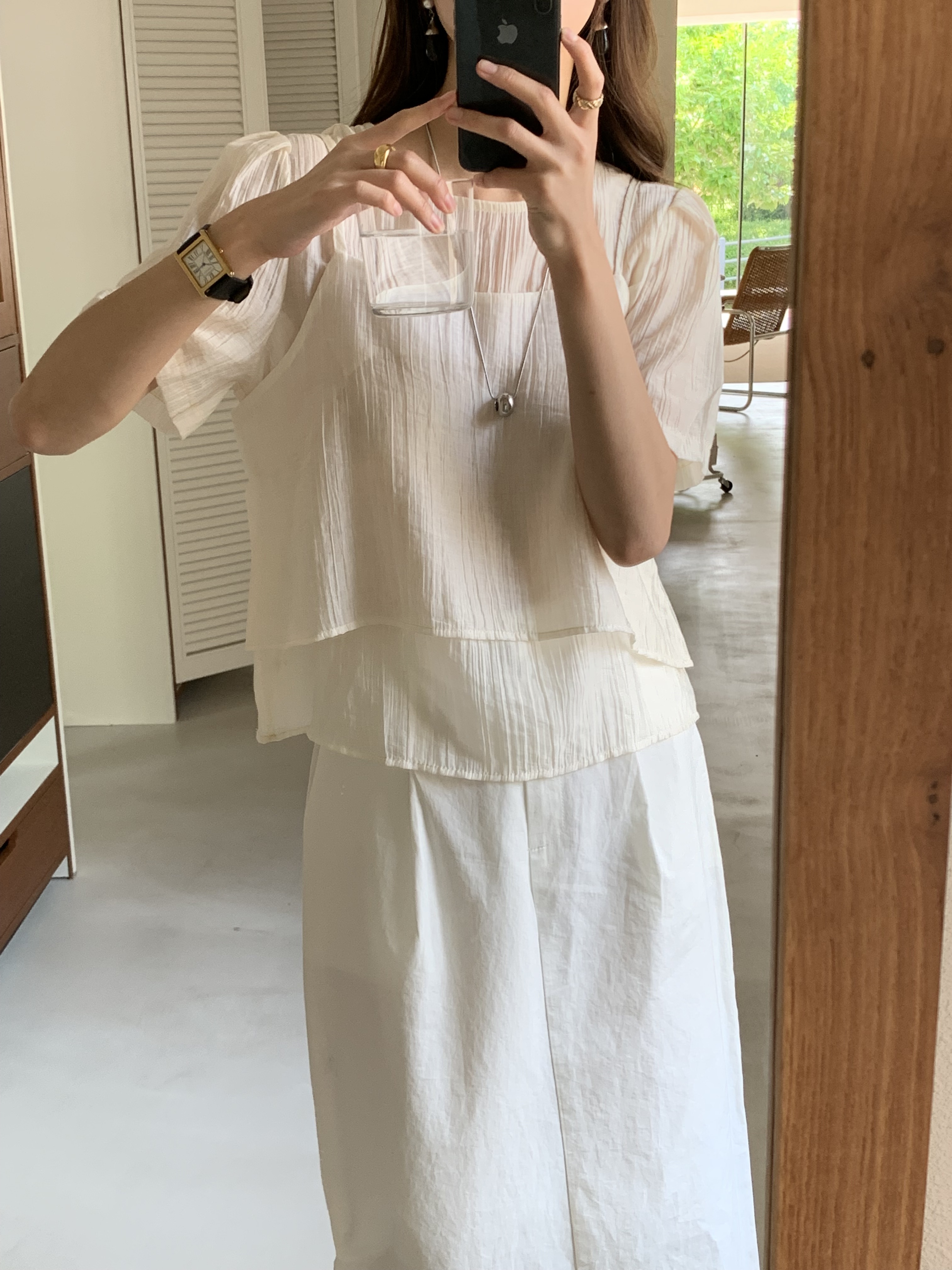 엘라이 여성 여름 라운드넥 레이어드 뷔스티에 하객룩 블라우스 세트 - 상품 이미지