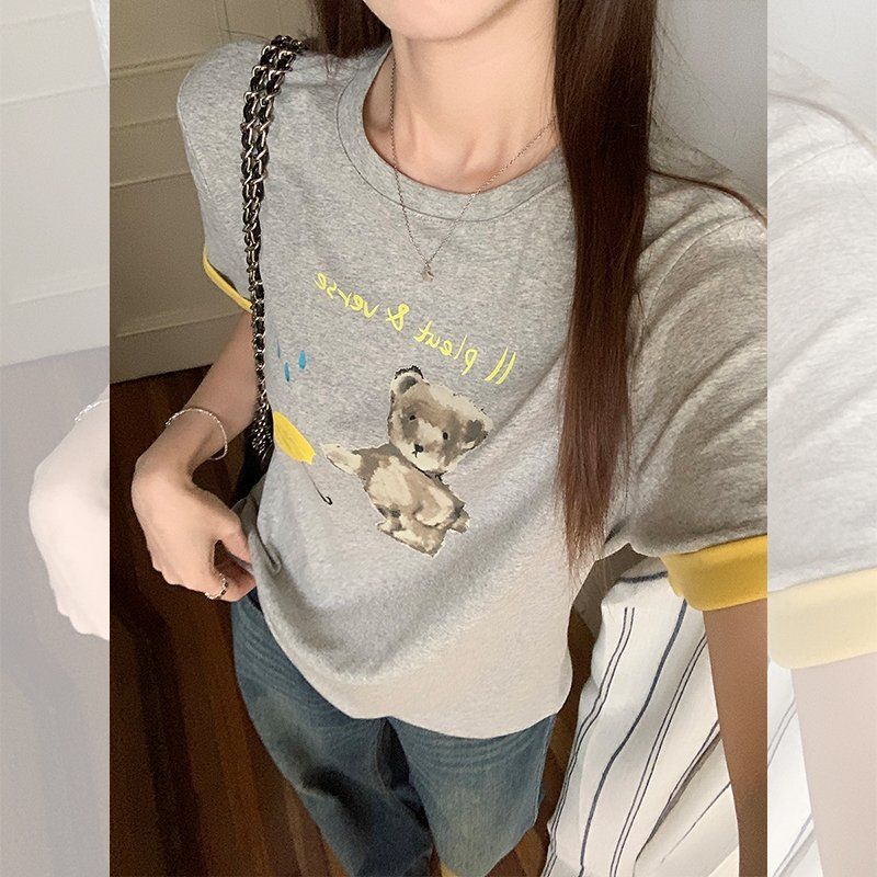 봄 여름 여성 루즈핏 귀여운 곰돌이 캐릭터 프린팅 면스판 반팔 티셔츠 캐주얼룩 데일리 - 상세 이미지 5