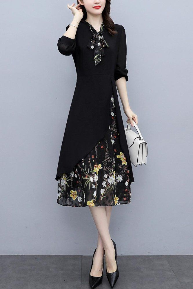 블랙 프린트 꽃무늬 V넥 랩 미디 A라인원피스 슬림핏 빅사이즈 봄가을 우아한 오피스룩 - 상세 이미지 5