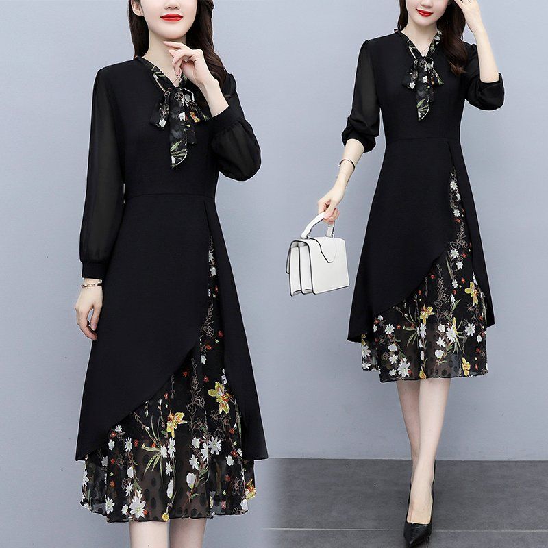 블랙 프린트 꽃무늬 V넥 랩 미디 A라인원피스 슬림핏 빅사이즈 봄가을 우아한 오피스룩 - 상세 이미지 2