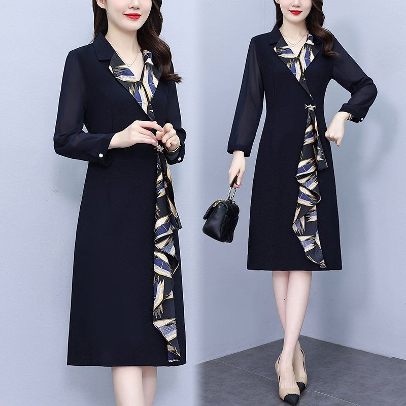 네이비 드레이프 긴팔 미디 A라인 정장카라 원피스 슬림핏 빅사이즈 우아한 봄가을 오피스룩 - 상세 이미지 2