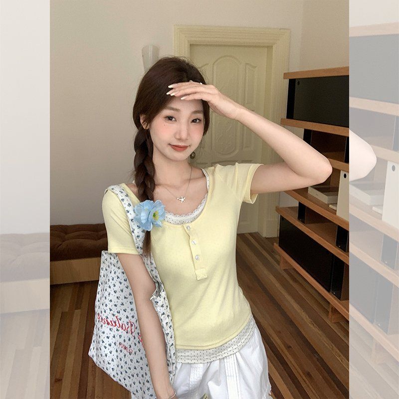 봄 여름 여성 슬림핏 U넥 페이크레이어드 레이스배색 면스판 골지 반팔 티셔츠 데일리룩 - 상세 이미지 3
