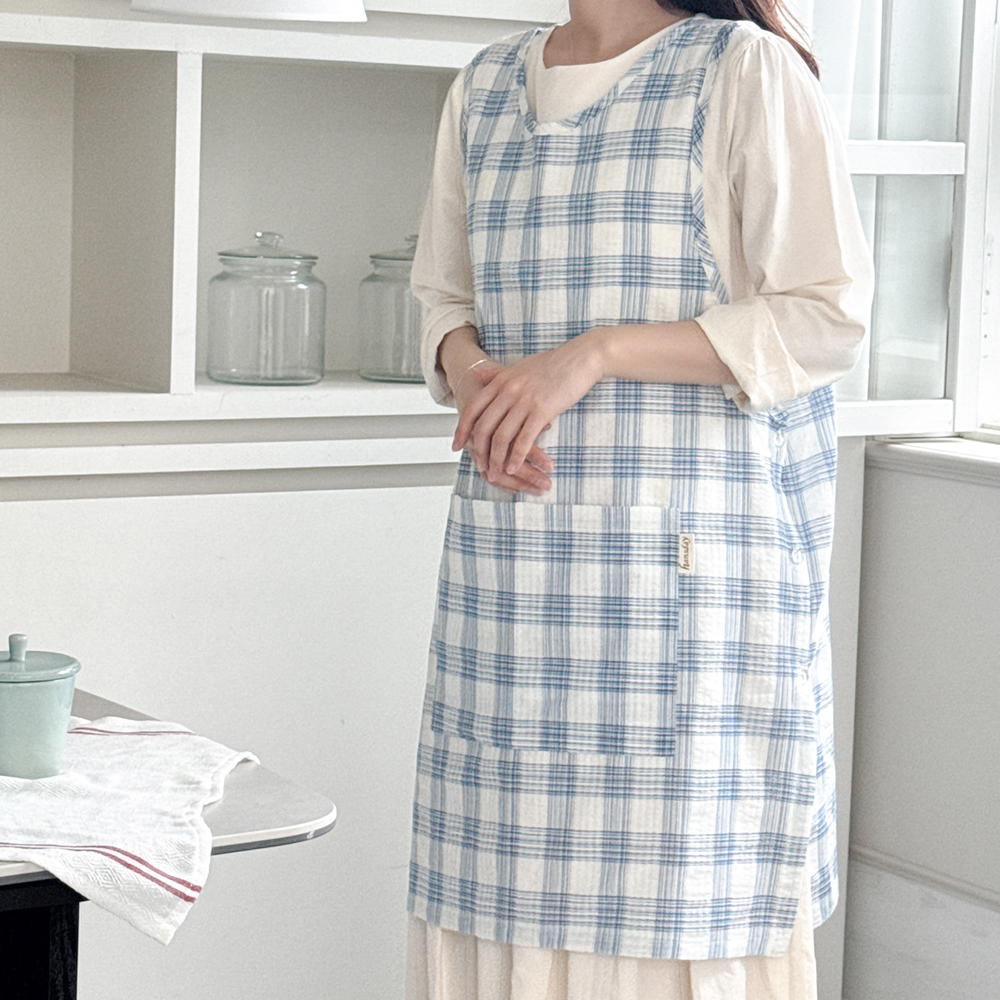한스데이 여름 깅엄 체크 단추형 트임 어린이집 유치원 원피스 앞치마