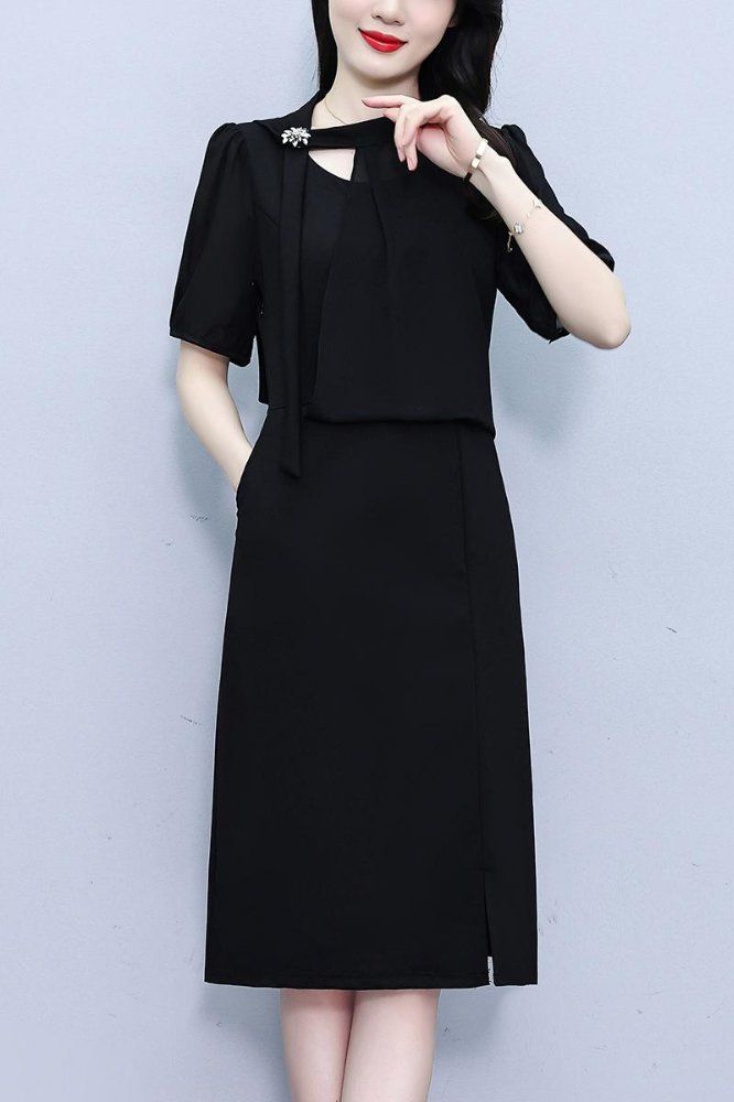 블랙 랩 플레어 V넥 반팔 미디 A라인원피스 셔링 빅사이즈 여름 우아한 데일리 오피스룩 - 상세 이미지 5