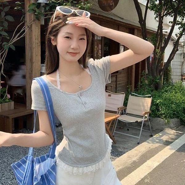 레이스 U넥 반팔 골지 티셔츠 슬림핏 여성 여름 데일리 이지웨어 면스판 러블리 - 상품 이미지