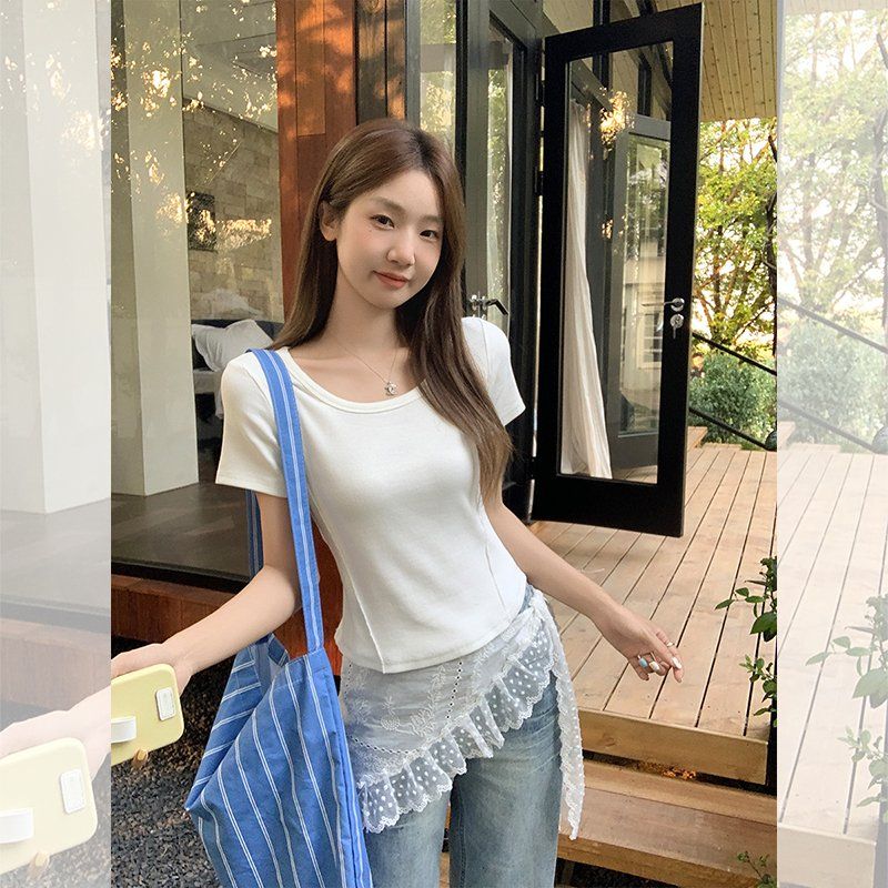 U넥 언발란스 밑단 골지 반팔 티셔츠 슬림핏 여성 여름 데일리 이지웨어 캐주얼 기본 - 상세 이미지 4