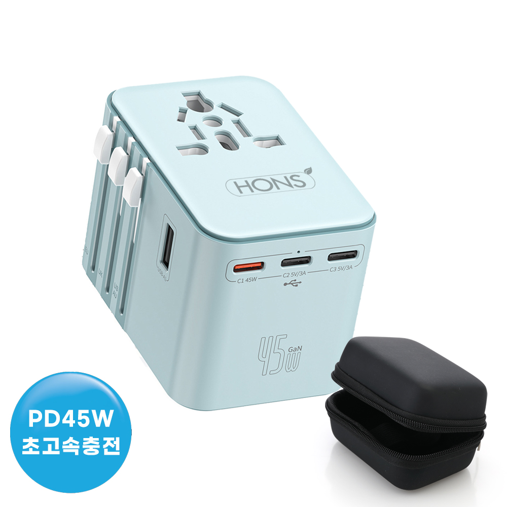혼스 해외 여행용 멀티 어댑터 PD45W GaN고속 2500W 5구 충전 HSTA-45W5 - 상품 이미지