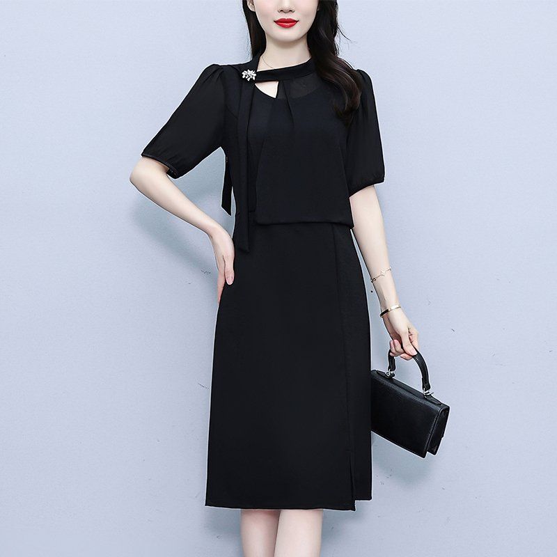 블랙 랩 플레어 V넥 반팔 미디 A라인원피스 셔링 빅사이즈 여름 우아한 데일리 오피스룩 - 상세 이미지 4