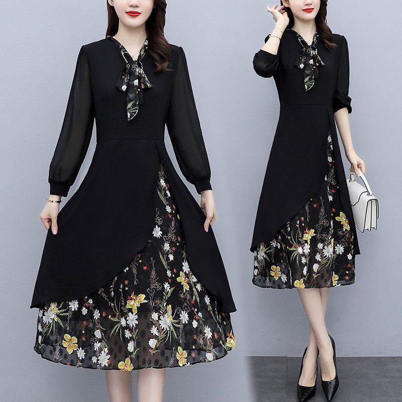 블랙 프린트 꽃무늬 V넥 랩 미디 A라인원피스 슬림핏 빅사이즈 봄가을 우아한 오피스룩 - 상품 이미지