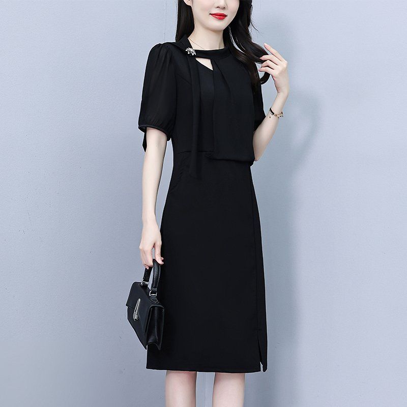 블랙 랩 플레어 V넥 반팔 미디 A라인원피스 셔링 빅사이즈 여름 우아한 데일리 오피스룩 - 상세 이미지 3