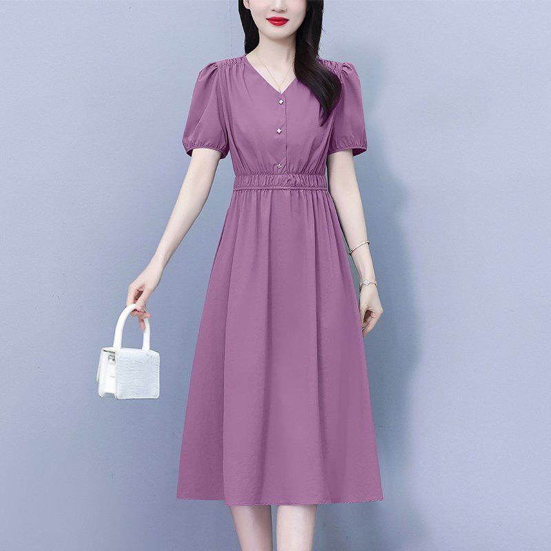 스카이블루 V넥 퍼프소매 미디 A라인원피스 밴딩허리 단추 빅사이즈 여름 데일리 오피스룩 - 상세 이미지 4