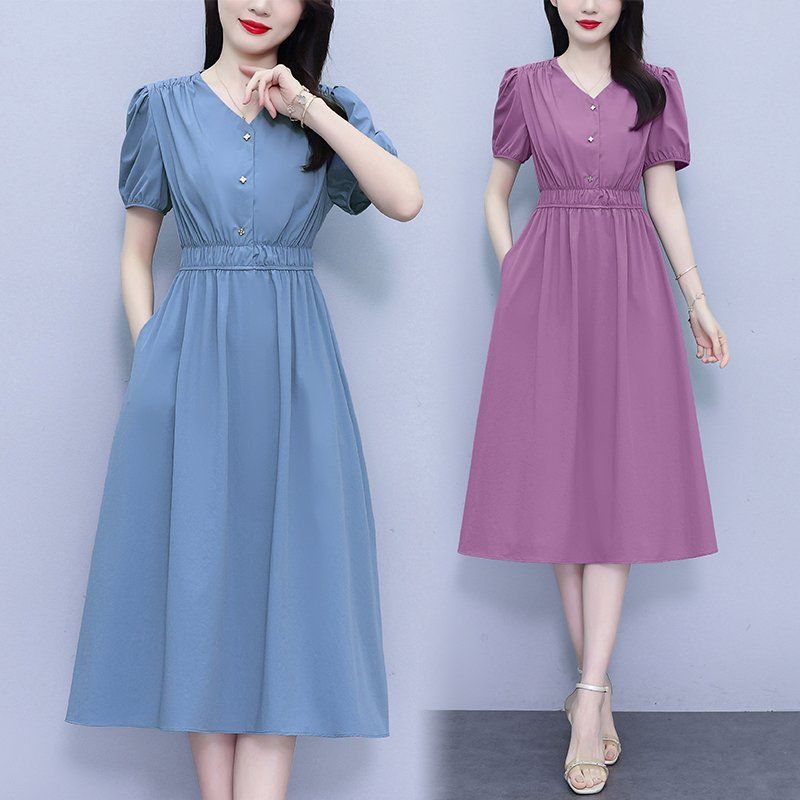 스카이블루 V넥 퍼프소매 미디 A라인원피스 밴딩허리 단추 빅사이즈 여름 데일리 오피스룩 - 상품 이미지