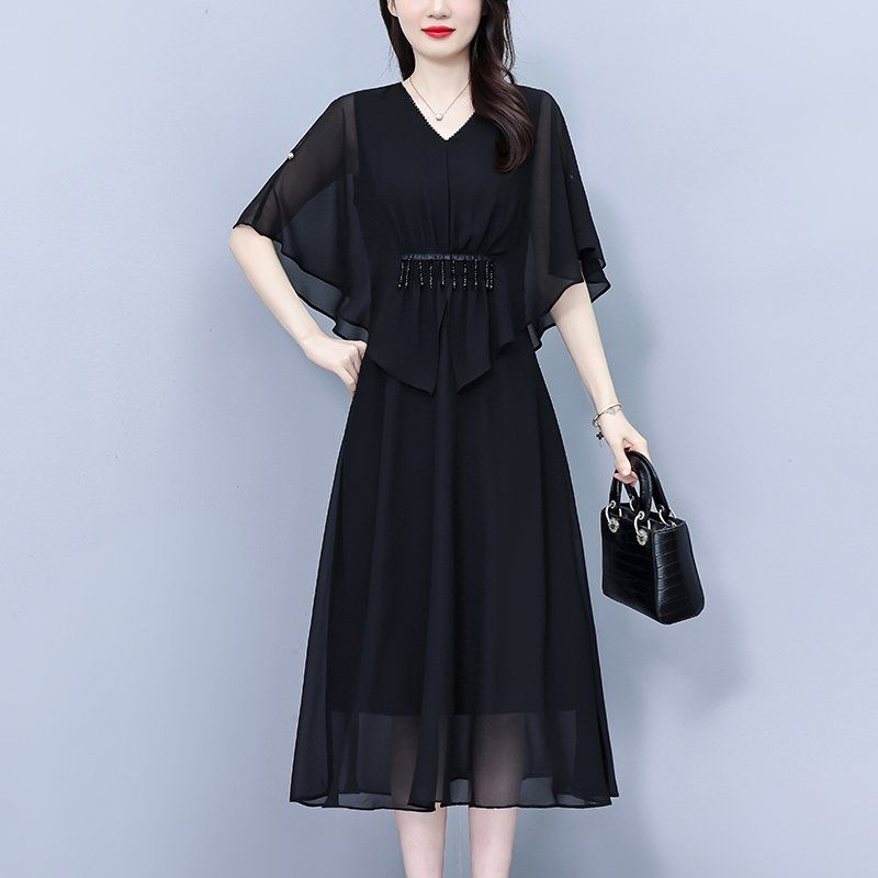 블랙 비즈 케이프 미디 A라인 쉬폰원피스 라운드넥 빅사이즈 여름 우아한 데일리 오피스룩 - 상세 이미지 2