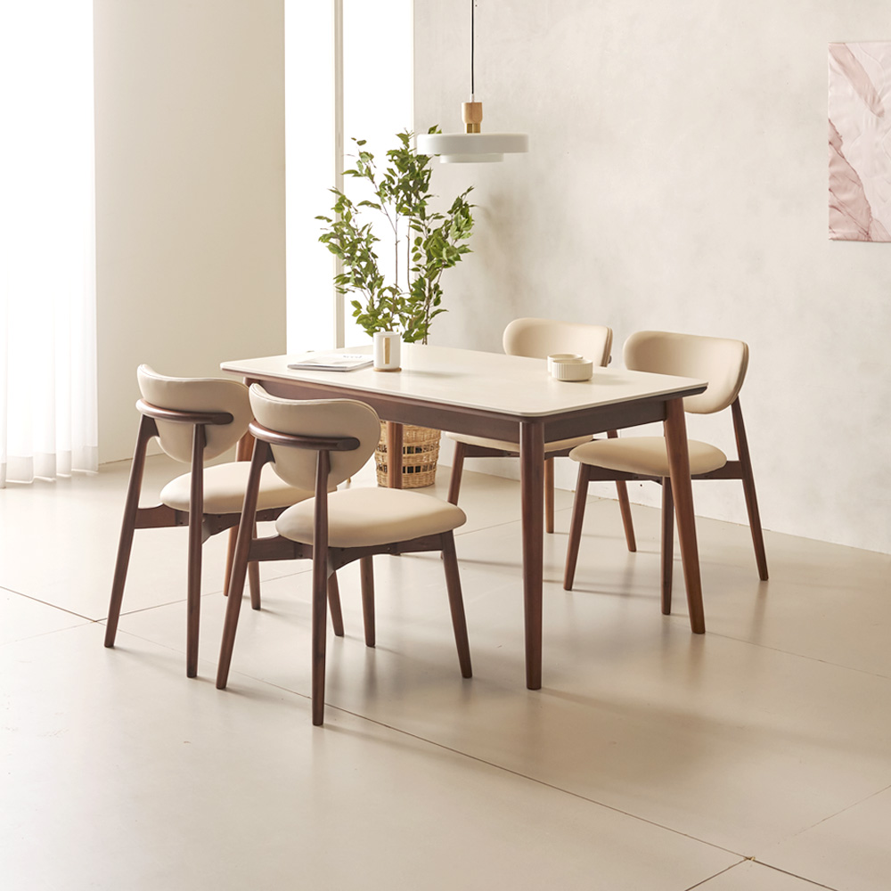 마드리 4인용 원목 세라믹식탁 테이블 세트 포세린 상판 식탁+의자4, 1400mm, 월넛