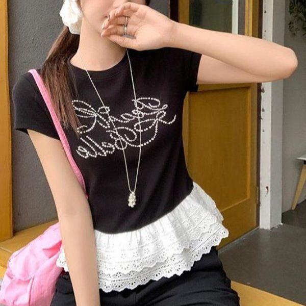 봄 여름 여성 슬림핏 라운드넥 레터링 밑단 레이스 프릴 면스판 반팔 티셔츠 데일리룩 걸리시 - 상품 이미지