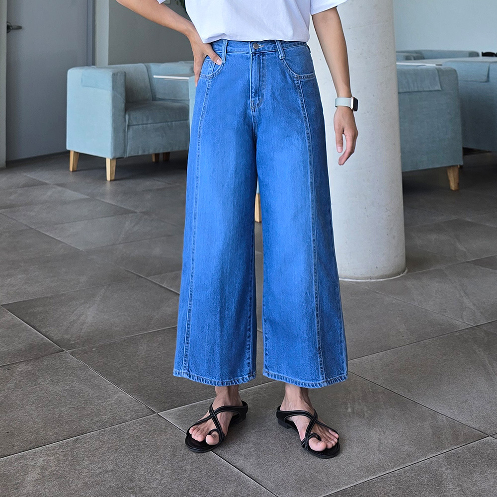 여름 키작녀청바지 와이드 절개 청바지 밴딩 데님팬츠