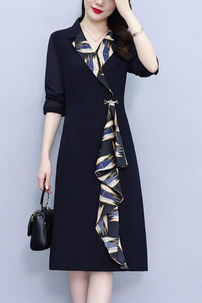 네이비 드레이프 긴팔 미디 A라인 정장카라 원피스 슬림핏 빅사이즈 우아한 봄가을 오피스룩 - 상세 이미지 5