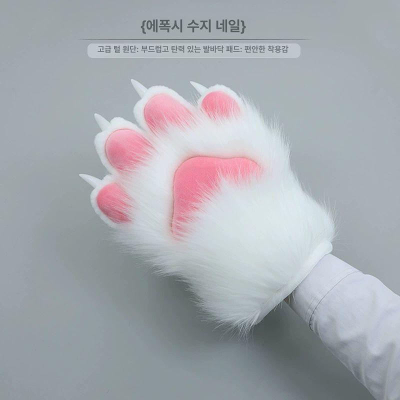 퍼슈트 손 장갑 축제 인형탈 파티복장 고양이손 행사복 백모 백발 핑크 패드 흰색 손톱 한 쌍 - 상세 이미지 4