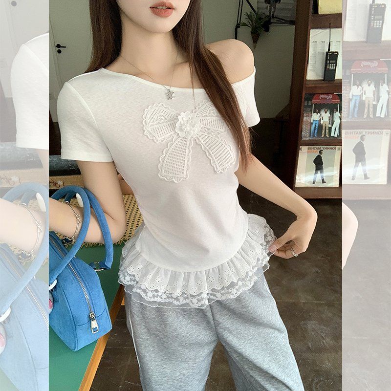 봄 여름 여성 슬림핏 사선넥 오프숄더 리본자수 레이스 밑단프릴 반팔 티셔츠 면텐셀 데일리 - 상세 이미지 2