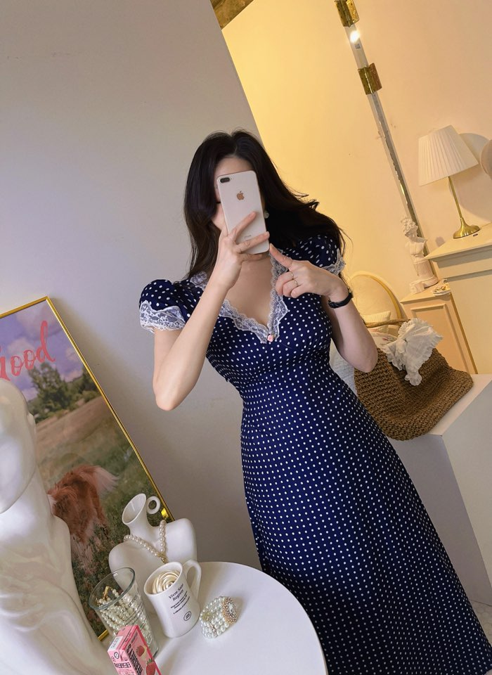 플로렌 도트 롱원피스 (레이스,스트랩,퍼프,셔링,빈티지무드,로즈) [비비아레이디]