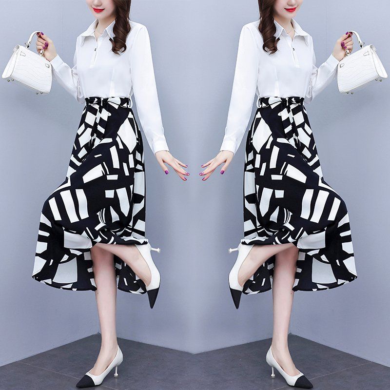 블랙 화이트 배색 셔츠카라 긴팔 프린트 미디 A라인원피스 슬림핏 빅사이즈 봄가을 오피스룩 - 상세 이미지 2