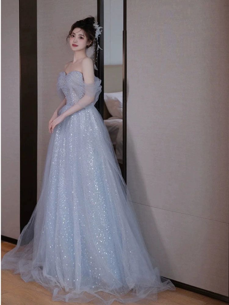 이브닝 드레스 무대의상 원피스 웨딩 성악 반짝이 콩쿨 이미지 색상 XS - 상품 이미지