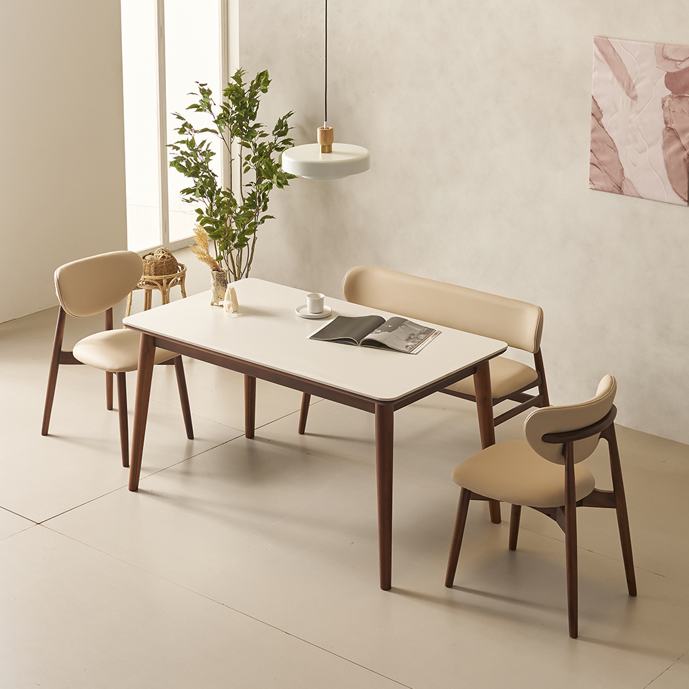 마드리 4인용 원목 세라믹식탁 테이블 세트 포세린 상판 식탁+의자2+벤치1, 1400mm, 월넛