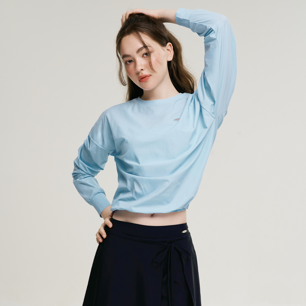 여성 에어파스텔 스트링 래쉬가드 상의 체형커버 수영복 루즈핏 롱슬리브 스카이블루 - 상세 이미지 5
