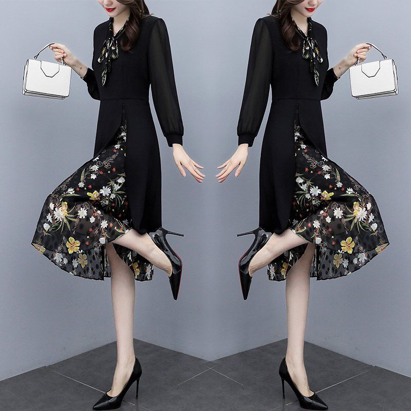 블랙 프린트 꽃무늬 V넥 랩 미디 A라인원피스 슬림핏 빅사이즈 봄가을 우아한 오피스룩 - 상세 이미지 3