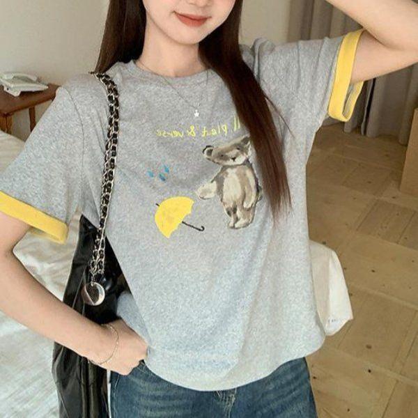 봄 여름 여성 루즈핏 귀여운 곰돌이 캐릭터 프린팅 면스판 반팔 티셔츠 캐주얼룩 데일리 - 상품 이미지