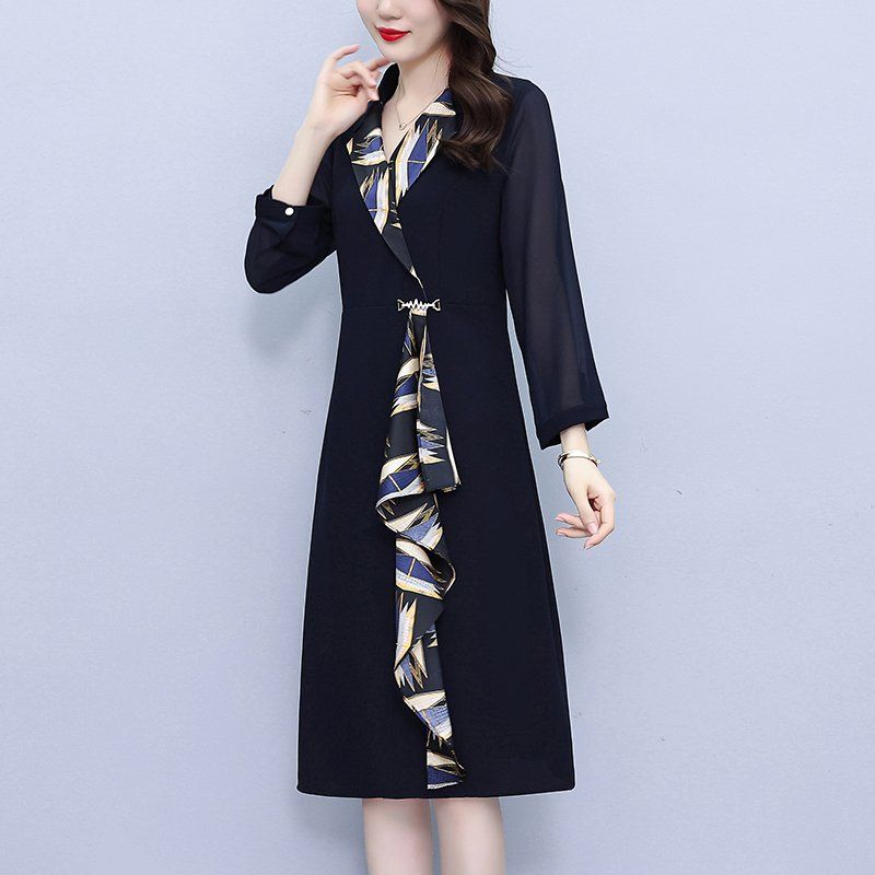 네이비 드레이프 긴팔 미디 A라인 정장카라 원피스 슬림핏 빅사이즈 우아한 봄가을 오피스룩 - 상세 이미지 4