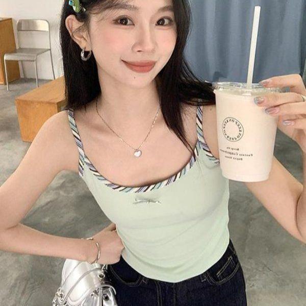 봄 여름 여성 슬림핏 U넥 배색끈 리본 면혼방 민소매 나시티 데일리룩 출근룩 러블리 - 상세 이미지 2