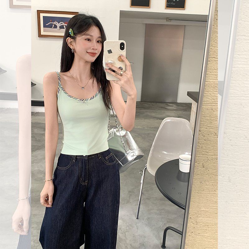 봄 여름 여성 슬림핏 U넥 배색끈 리본 면혼방 민소매 나시티 데일리룩 출근룩 러블리 - 상세 이미지 3