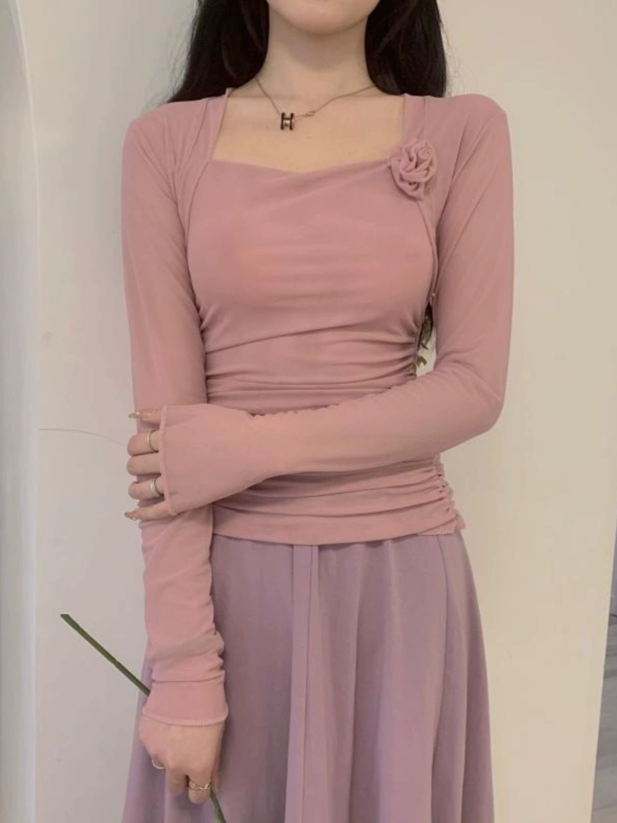 댄스복 줌바 상의 에어로빅 살사 시스루 무대의상 긴팔 연보라 5부소매 프리사이즈 - 상세 이미지 5