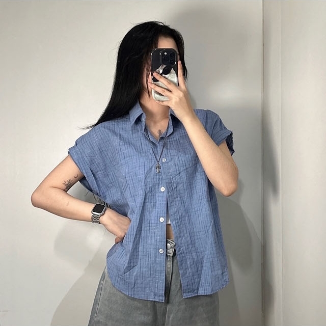 여성 체크 반팔 셔츠 루즈핏 여름 롤업 남방 3color 빈티지 잔체크 소라 핑크 화이트 - 상세 이미지 3