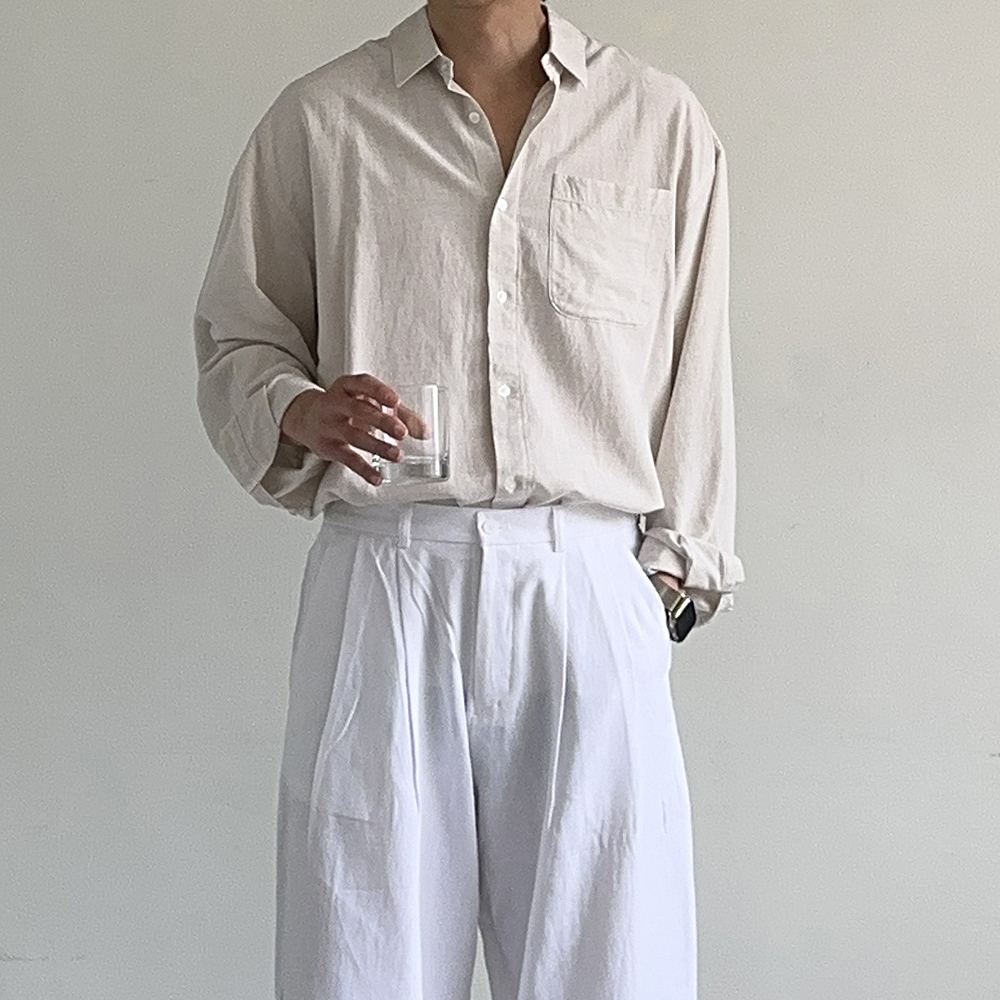 남자셔츠 오버핏 여름 쿨 흰색 남방 난방 남자린넨셔츠 - 상세 이미지 2