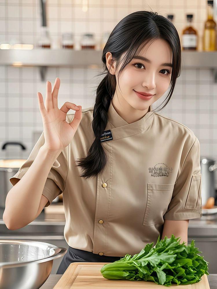 주방 조리복 쉐프 요리복 양식 반팔 한식 유니폼 DZS-웃는 얼굴 주방 검정 반팔 M - 상세 이미지 3