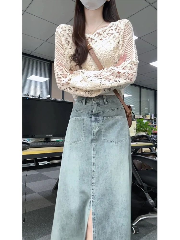 청치마 라이트 블루 A라인 데님 앞트임 여성 봄여름가을 롱 치마 스커트 1.연한 파랑 - 상품 이미지