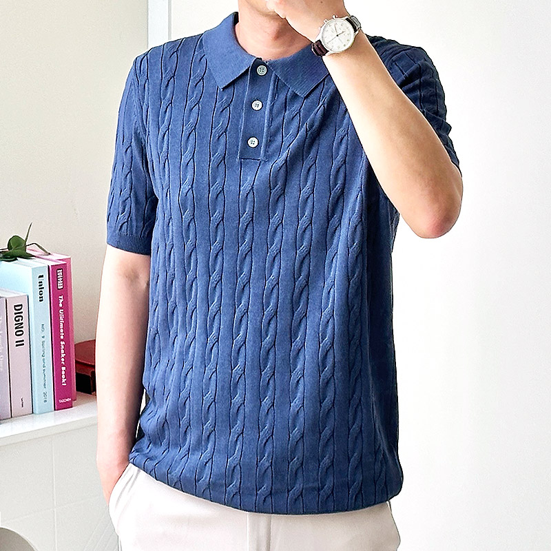 남자반팔니트 꽈배기 반팔 카라티 케이블 쿨 여름 티셔츠 워셔블