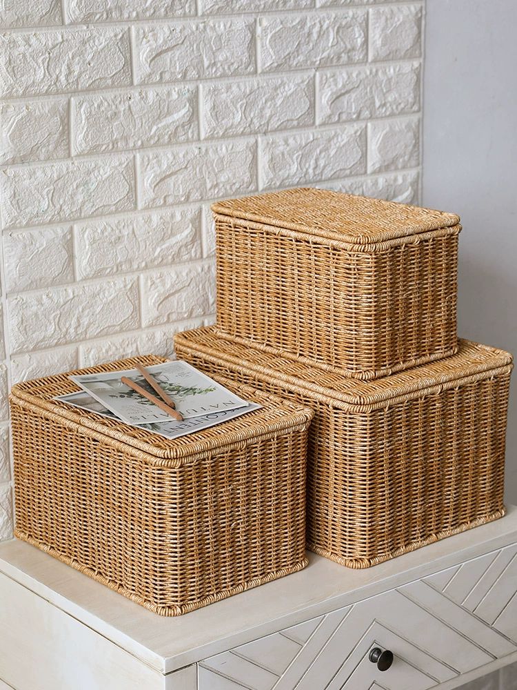 라탄 보관 상자 등나무 인테리어 수납 다용도 원형 모조 진한 갈색 24x14x14cm 뚜껑 포함 - 상세 이미지 2