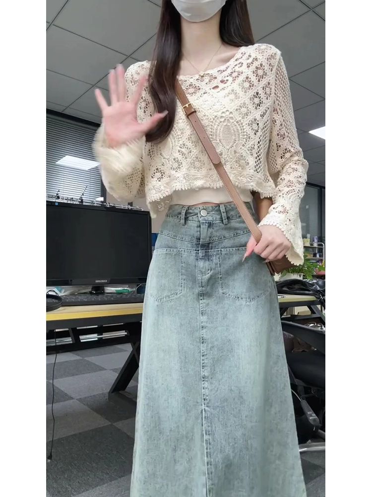 청치마 라이트 블루 A라인 데님 앞트임 여성 봄여름가을 롱 치마 스커트 1.연한 파랑 - 상세 이미지 2