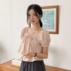 밴딩 리본 캉캉 반팔 블라우스 bs8205 착용 후기 | 사이즈/핏 총정리 - 상품 이미지 2