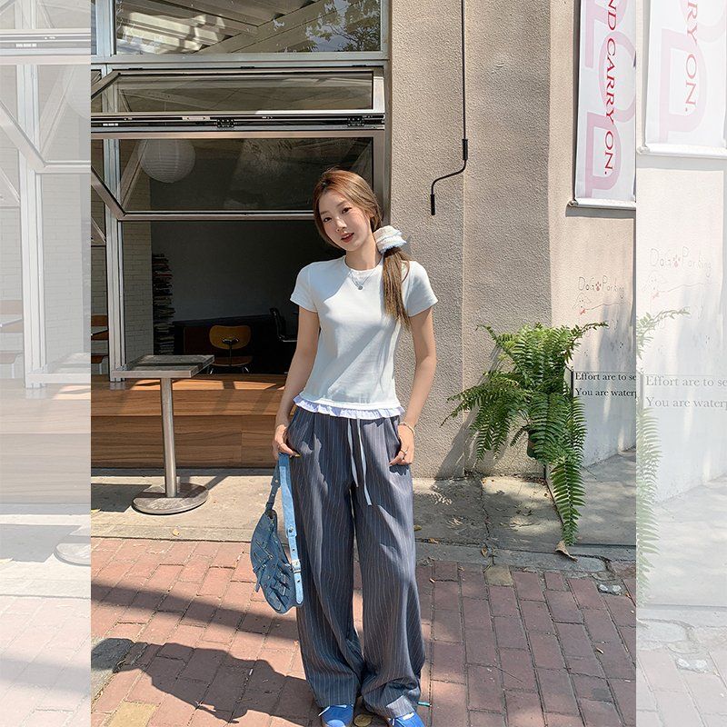 봄 여름 여성 라운드넥 페이크레이어드 밑단 프릴 반팔 티셔츠 면스판 데일리룩 캐주얼룩 - 상세 이미지 5