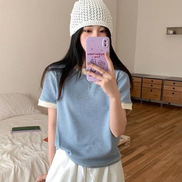 봄 여름 여성 루즈핏 라운드넥 스트라이프 배색 반팔 티셔츠 면스판 데일리룩 캐주얼룩 베이직 - 상품 이미지